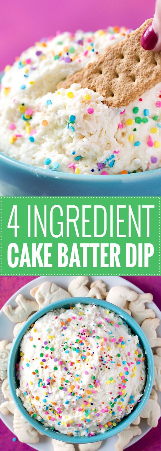 Everything you love about cake batter, in an easy no-bake, 4 ingredient dip.  Studded with great funfetti flavors, this dip is fabulous for any occasion!