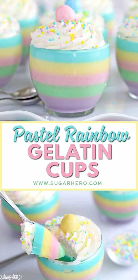 Looking for an easy spring dessert? These Pastel Rainbow Gelatin Cups are simple, kid-friendly, and so beautiful! Serve them plain, or top them with whipped cream and sprinkles! 