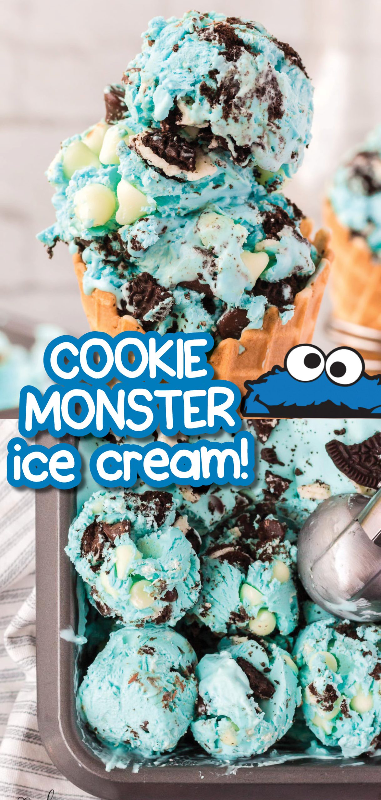 The Cookie Monster Ice Cream recipe is a cookie lover’s dream! This cold, vanilla, creamy ice cream is turned blue just, for fun, and loaded with cookies and chocolate chips!