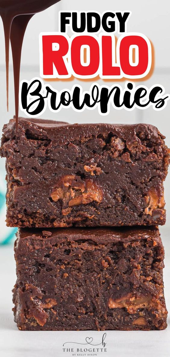 Fudgy delicious Rolo Brownies are an unbelievable ooey-gooey delicious dessert. They are filled with caramel and chocolate and topped with a delicious chocolate ganache.