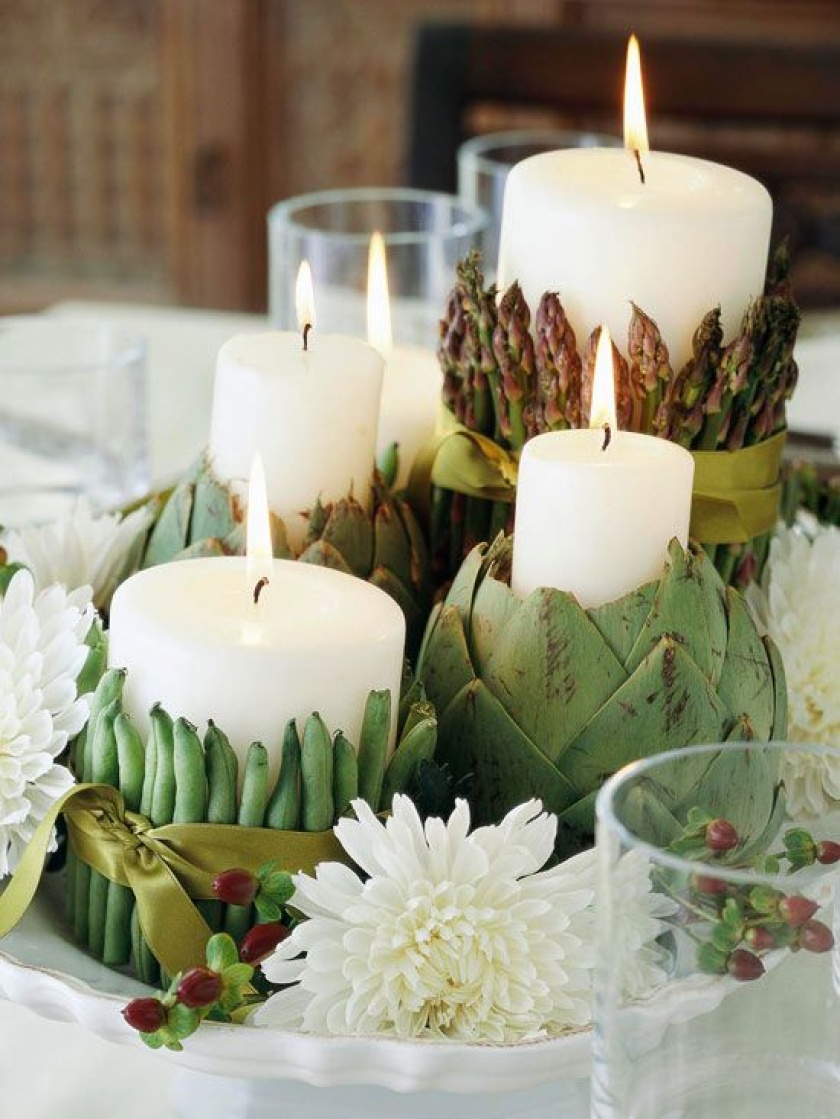 Green Vegetable Candleholders with White Mums