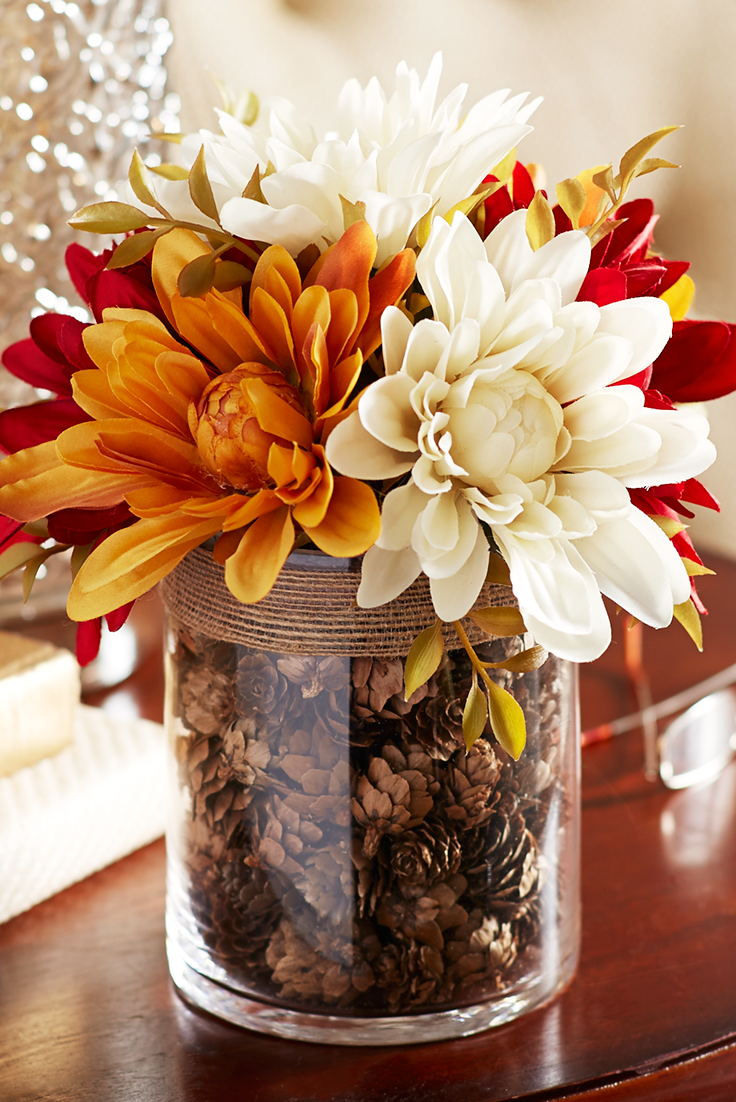 Fall Blooms in a Pinecone-Filled Vase