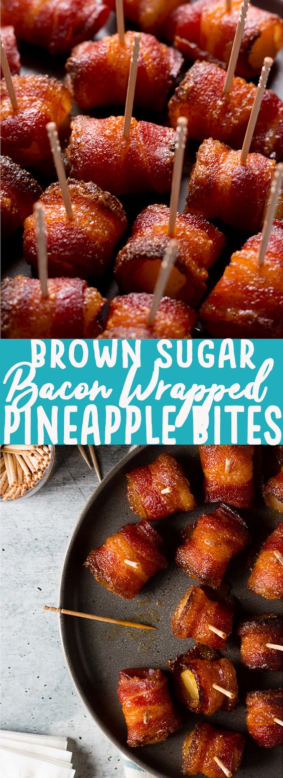 These Brown Sugar Bacon Wrapped Pineapple Bites are easy appetizers for parties, tailgating, or to eat as snacks. Add in some smoked paprika to take the flavors of Hawaiian pizza to the next level! Make this easy, three ingredient appetizer for your next football watching party!