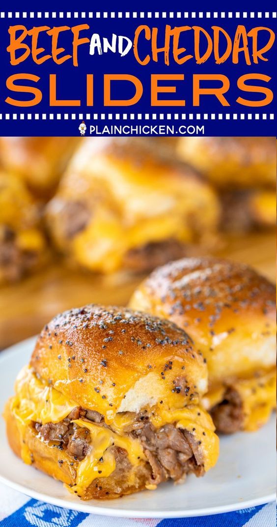 Beef & Cheddar Sliders - Perfect for watching football, parties or a quick lunch and dinner. Seriously delicious!! Hawaiian rolls, deli roast beef, bbq sauce, cheddar cheese, butter, dijon mustard, worcestershire, brown sugar and poppy seeds. Can assemble ahead of time and bake when ready to serve. You might want to double the recipe - these don't last long in our house!