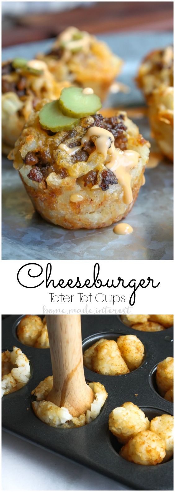 These Cheeseburger tots are tater tot bites filled with hamburger, cheese, pickles, and a special sauce. It’s like a bite size Big Mac served in a tater tot cup! This is an easy game day recipe for your upcoming super bowl party! It is an easy party food recipe that is going to wow your friends and family. Tater tots + Cheeseburger = instant winner!