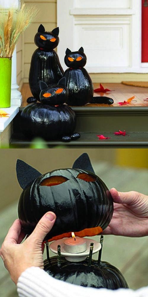 Make your entry glow with fat Halloween cats made from stacked pumpkins (and mini-pumpkin paws)