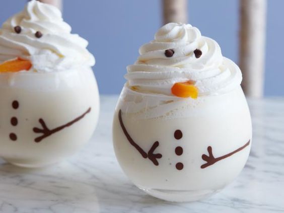 Snowman Egg Nog - Give this comforting drink some extra personality with whipped cream, a few chocolate chips, and a dried apricot. With the kids' help, you can make this adorable snowman.
