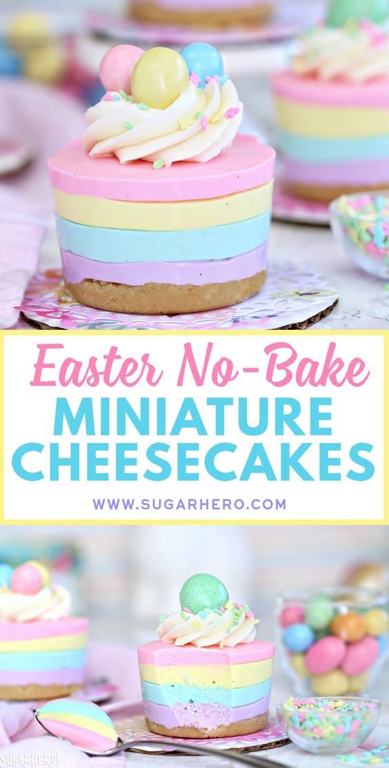 Easter No-Bake Mini Cheesecakes - pastel striped cheesecakes that are super easy, no baking required!