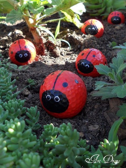 Use old golf balls as lady bug decorations in the garden. Adorable! All you need is some paint.