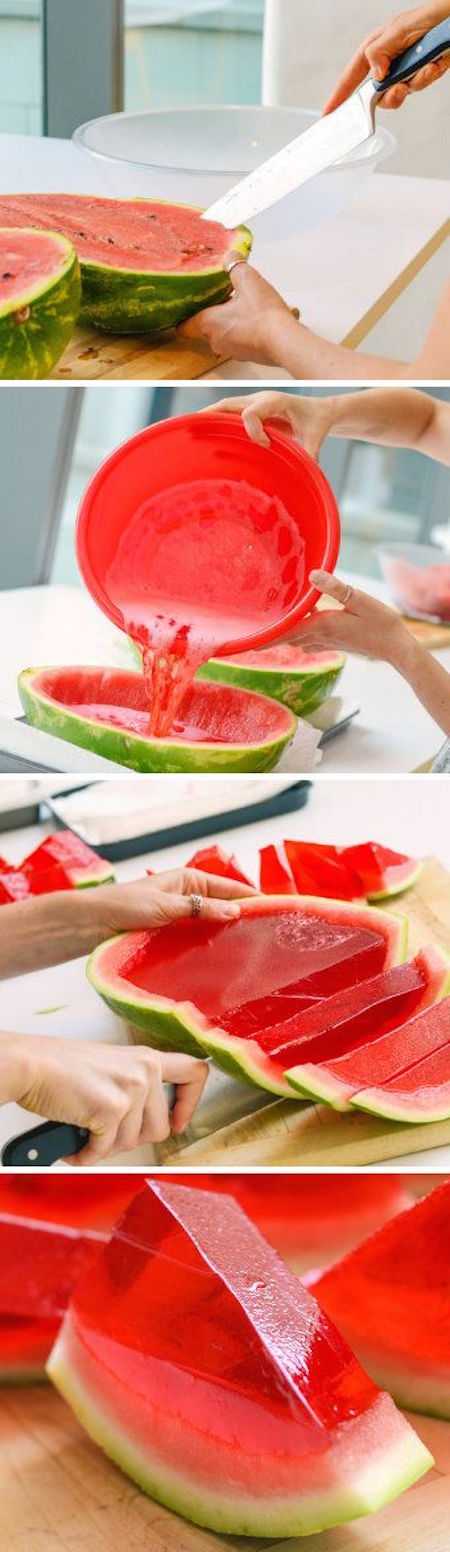 Carve out the watermelon and pour in red jello for jello watermelon slices!