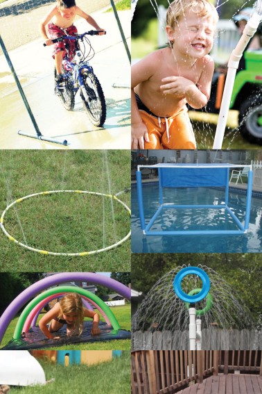 ideas for DIY sprinklers, how to make a water blob, and back yard waterpark fun with noodles and other DIY water play activities.