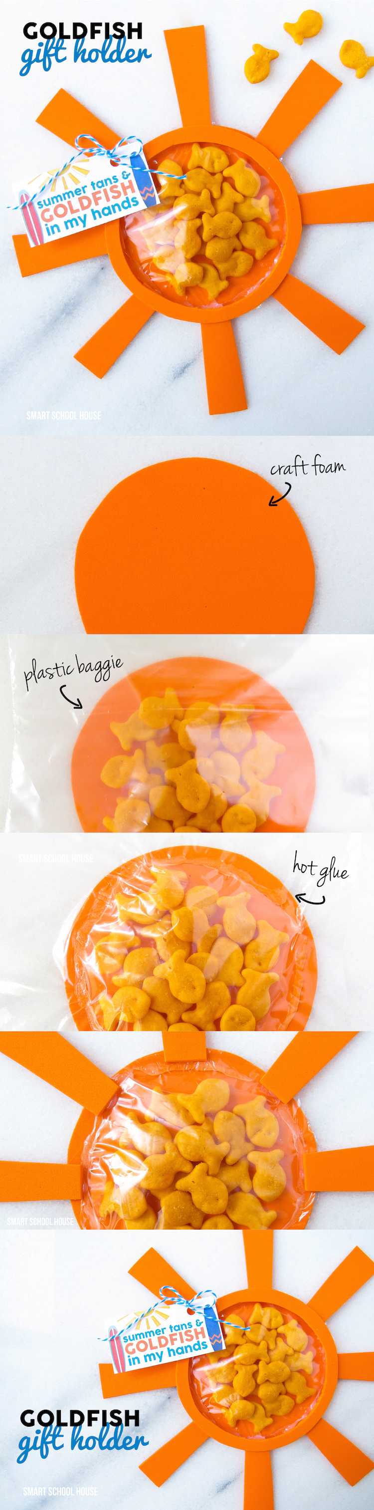Summer Tans and Goldfish in my Hands. A Goldfish gift holder and free printable. I love this easy DIY summer gift idea!