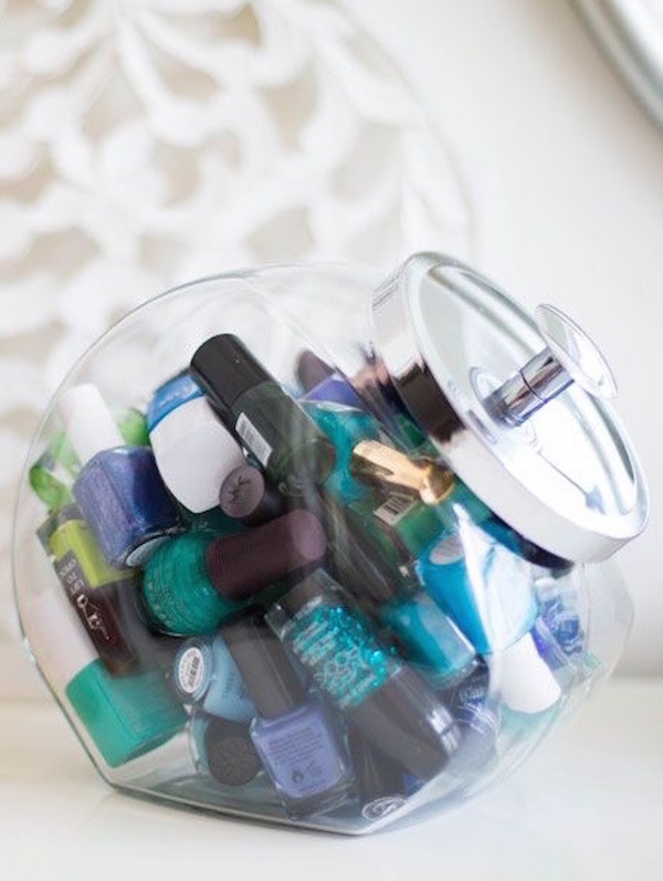 This is cute and effective! Use a clear cookie jar to organize nail polish plus 13 Gorgeous Tidy Tips and Organization Hacks