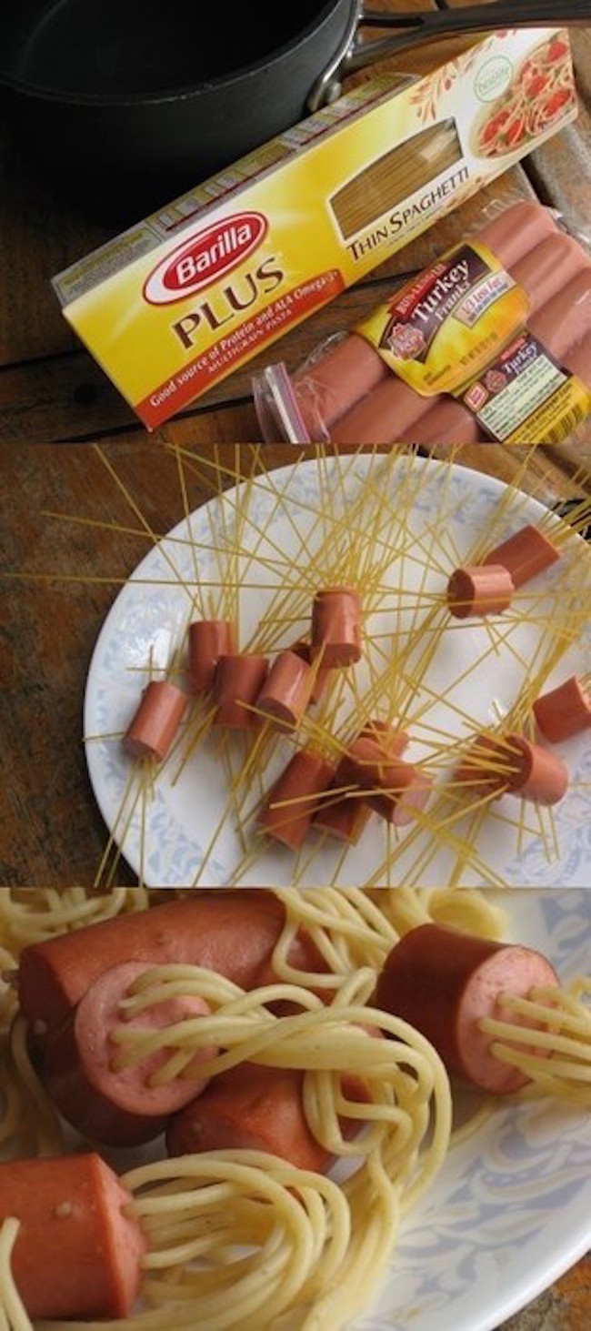 Stick uncooked spaghetti noodles inside hot dog pieces then boil them plus 15 genius hot dog hacks!