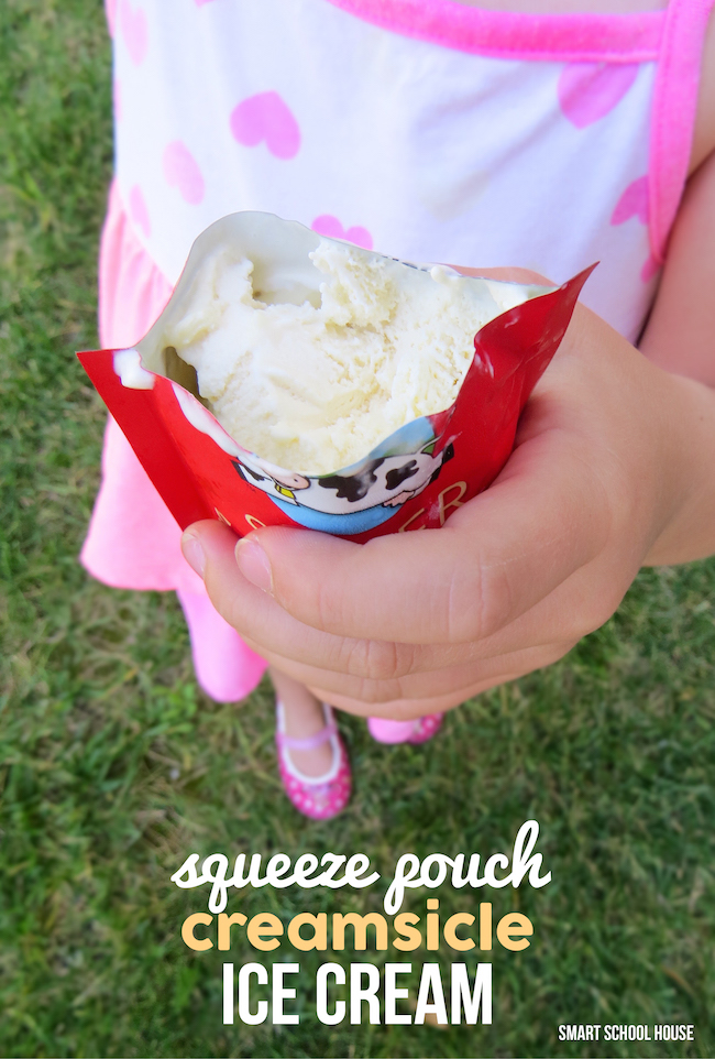 Squeeze Pouch Creamsicle Ice Cream! Do your kids love squeeze pouches as much as mine do? On a hot day, turn them into a cold ice cream pouches with this simple trick. Squeeze Pouch Ice Cream will quite possibly change the way you look at a squeeze pouch forever!