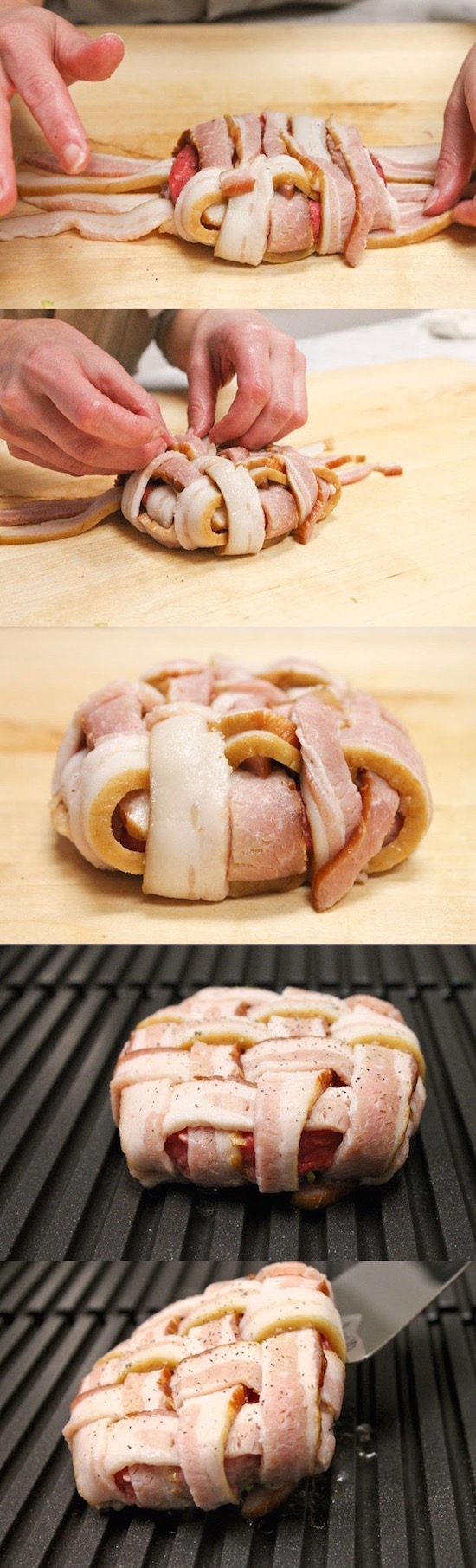 How to wrap and weave bacon around a hamburger patty like a pro!