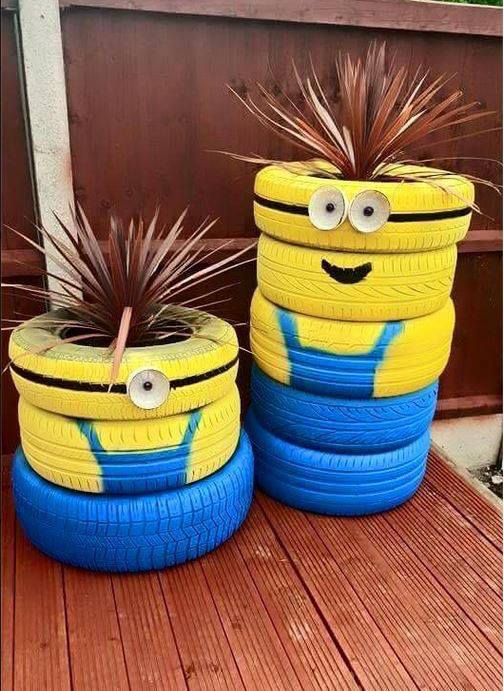 Minion planters made from tires! A cute idea for the garden. 