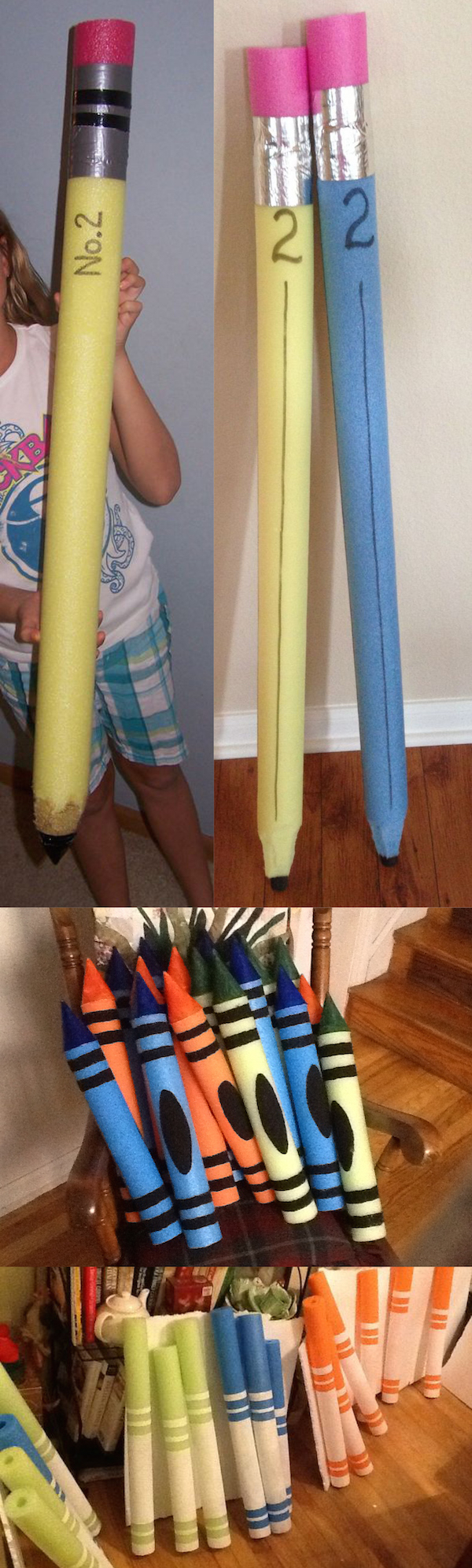 How to make GIGANTIC pencils, crayons, and markers with pool noodles! These are perfect for back to school pictures, classroom decorations, parties, and so much more. 