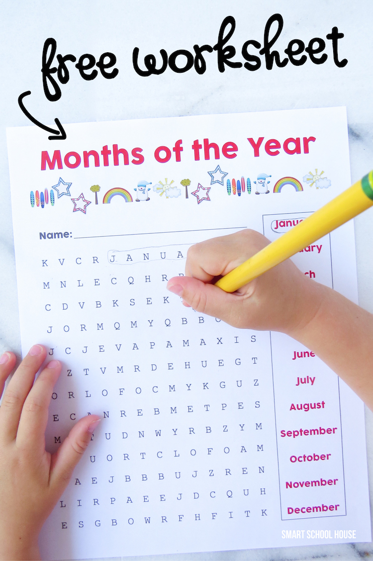 Free months of the year worksheet. A word search activity for kids. 