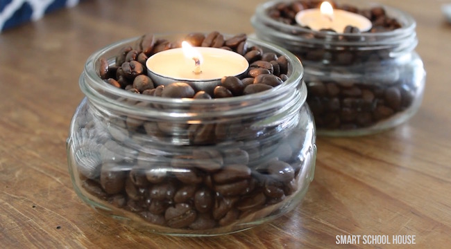 Place vanilla scented tea lights in a bowl of coffee beans. The warmth of the candles will heat up the coffee beans and make your house smell like french vanilla coffee.