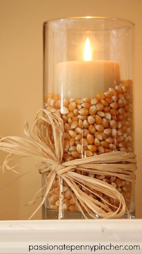 Use popcorn kernels as an inexpensive DIY way to fill up space in your fall centerpiece. 