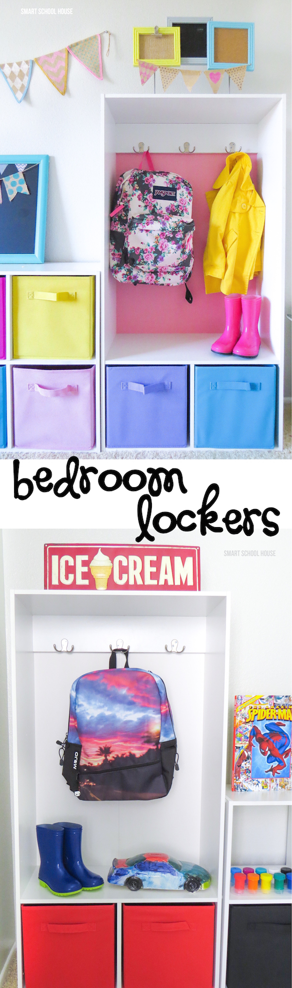 Bedroom Lockers for organizing kids backpacks, boots, umbrellas, and more. 