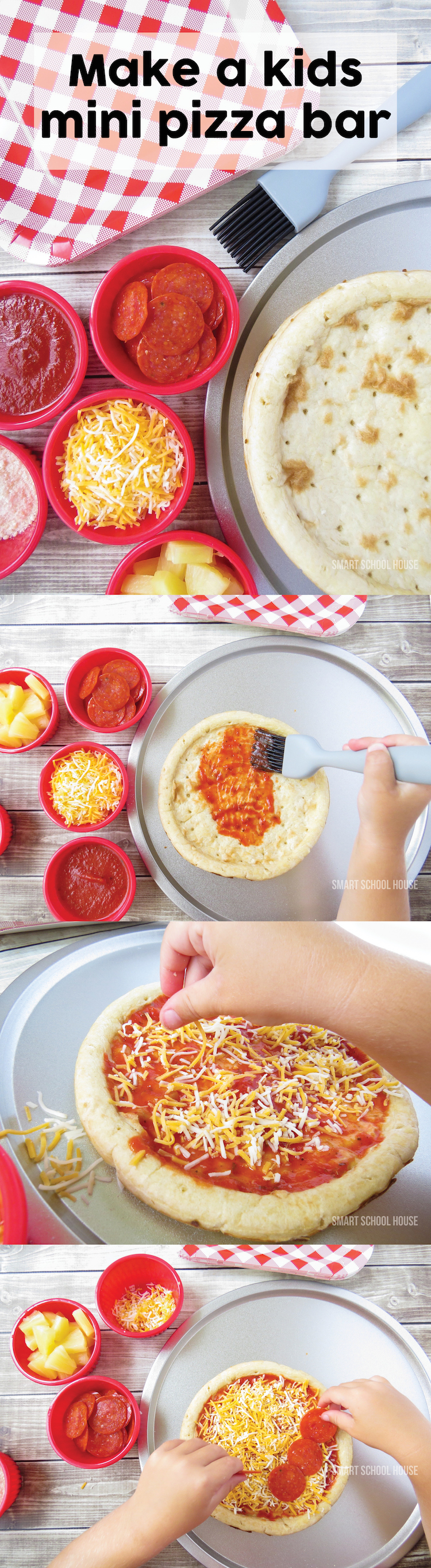 Make a kids pizza bar! Include mini pizzas, small cups of various toppings, and a brush to "paint" on the pizza sauce (it keeps things cleaner).