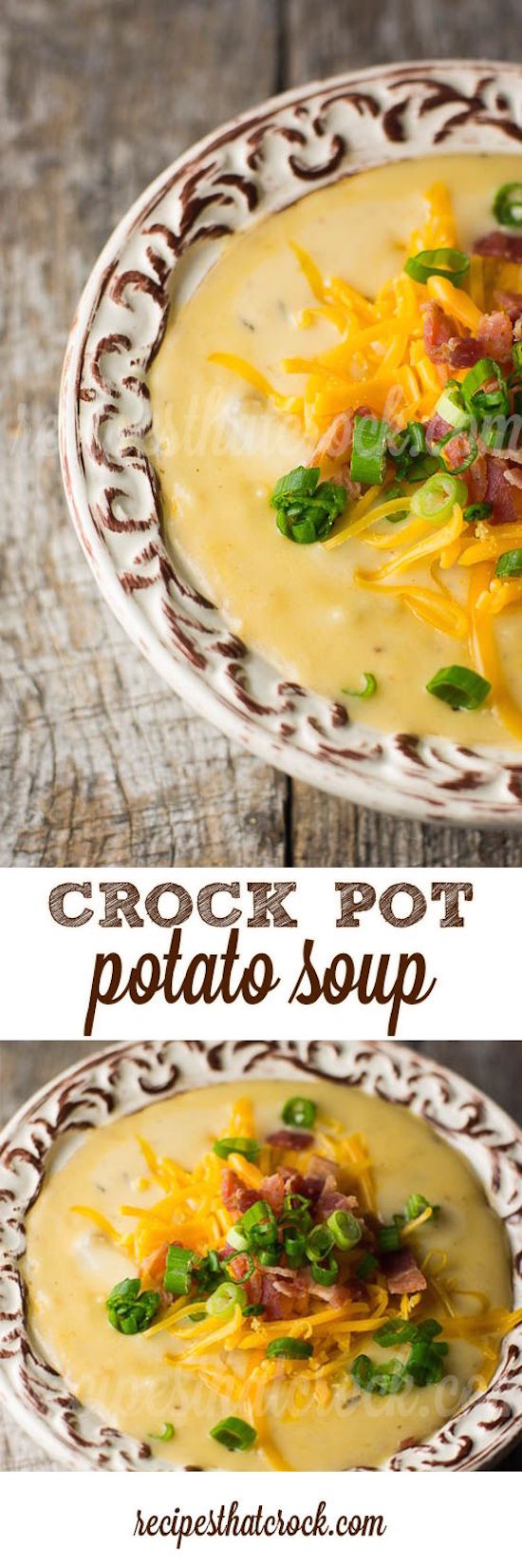 This savory crock pot potato soup recipe is the perfect loaded potato soup.