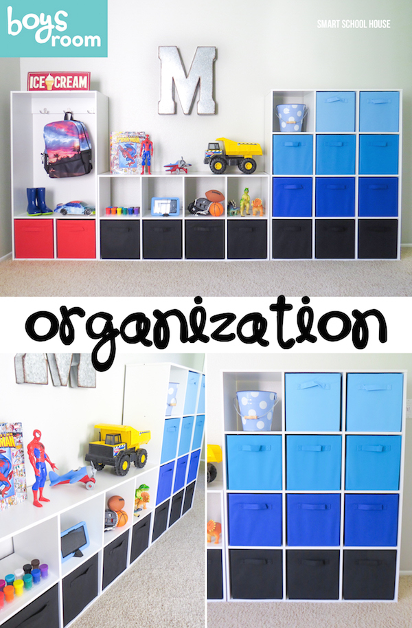 Boys Room Organization Ideas. Organize toys, school supplies, and even clothing. I love the blue ombre fabric boxes!
