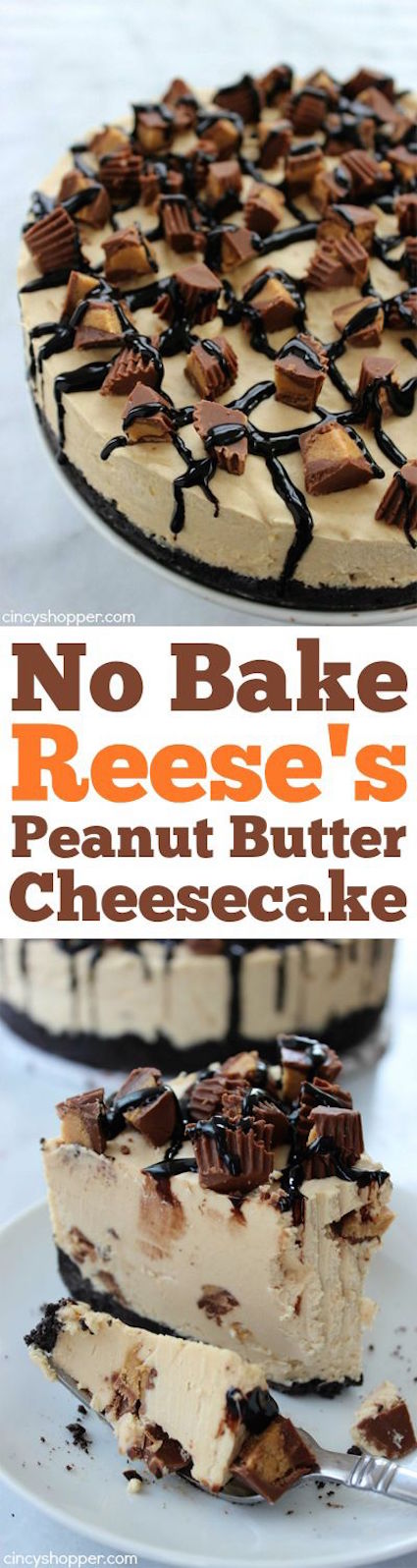 No Bake Reese's Peanut Butter Cheesecake loaded with smooth and creamy peanut butter plus yummy Reese's Peanut Butter Cups in just about every single bite.
