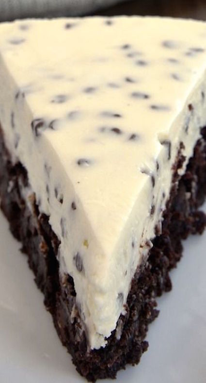 Chocolate Chip Cheesecake with Brownie Crust! A delicious two-in-one dessert!