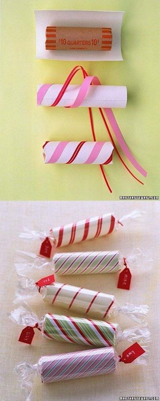 Make Christmas candy decorations using these coin wrappers and some ribbon holiday scrapbook paper