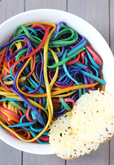 Rainbow pasta! Just combine food coloring with 2 tablespoons of water. So FUN! 