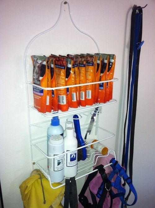 Use a shower caddy on a door to hold various dog products and even food. I must do this!