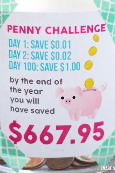 PENNY CHALLENGE - Begin any day of the year, collect pennies, and after 365 days you will have saved almost $700! Start today!