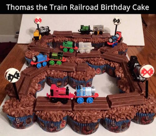 Use Kit Kats on top of chocolate frosted cupcakes for a Thomas the Train birthday cake. Easy and cute!