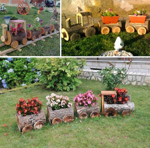 So cute! Trains made out of wood logs and filled with flowers. (source unknown). 