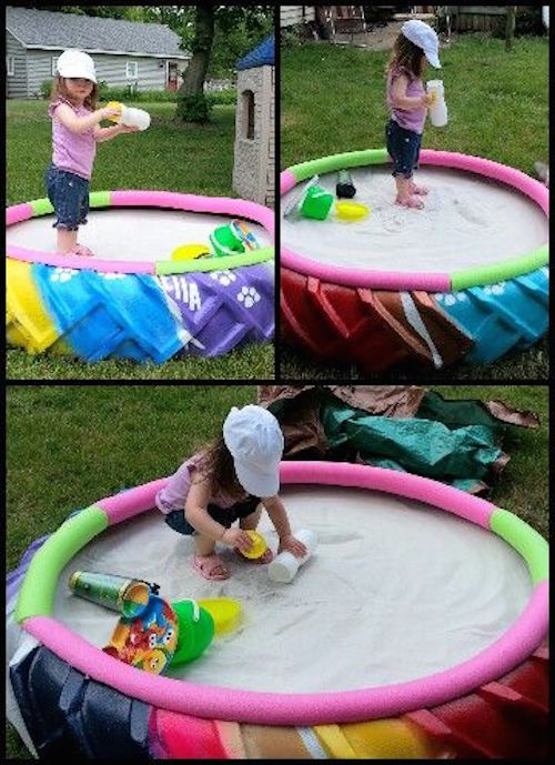 Make a sandbox with an old tractor tire and some noodles!