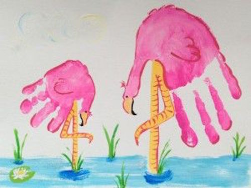 Flamingo handprint art! Just paint your hand pink and add the rest of the details (legs, water, beaks, etc). Cute!