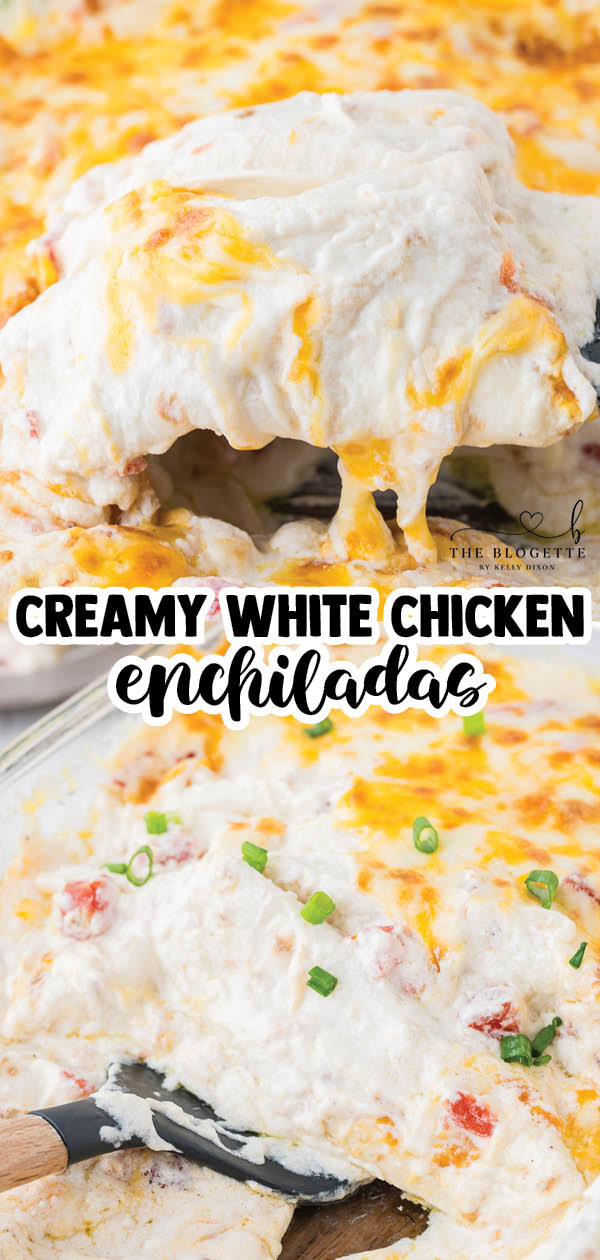 Creamy White Chicken Enchiladas made with flour tortillas, shredded chicken, cheese, sour cream, and more!