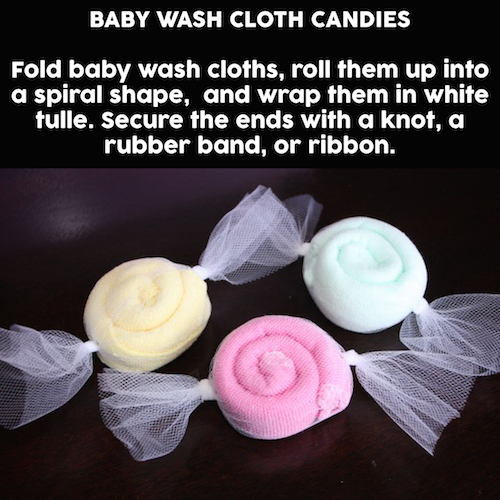 cBaby wash cloth candies! An Etsy shop used to make these, but they are no longer in business. However, I think this is a great DIY idea for a baby shower! Saving this....
