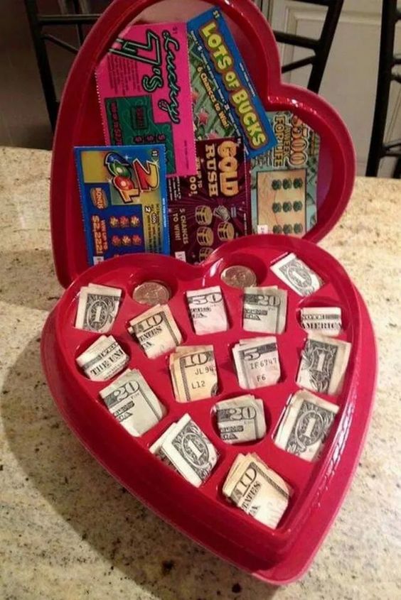 Box of Chocolates filled with Money and Lottery Tickets