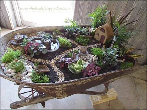 Here's another succulent garden idea (see the slide before this). Its a Wheelbarrow Succulent Fairy Garden made by Wholesale Fairy Gardens. Neat!
