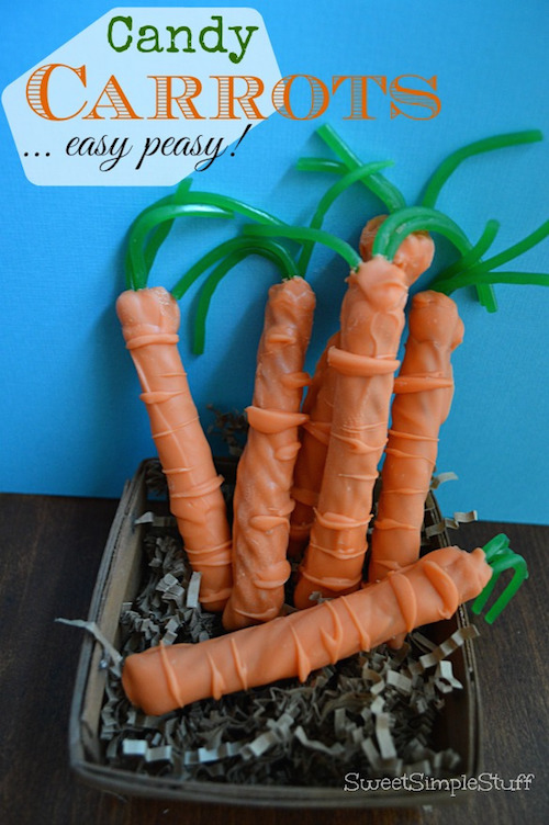 Candy carrots - so easy! Can you believe these are made with Twizzlers, licorice, and candy melts?