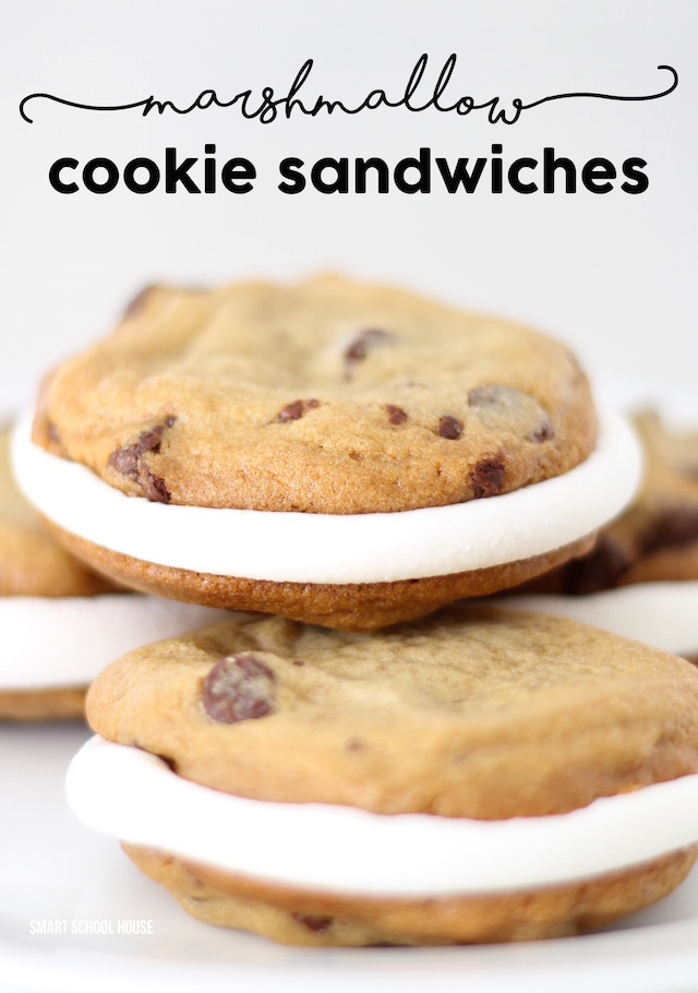 Marshmallow cookie sandwiches - softy gooey marshmallows in between 2 warm chocolate chip cookies. 