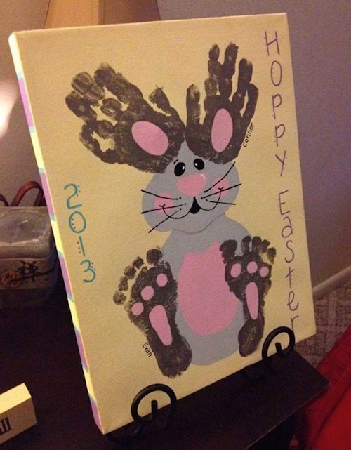 Hand and footprint bunny art - cute! Do it on a canvas and display it year after year. 