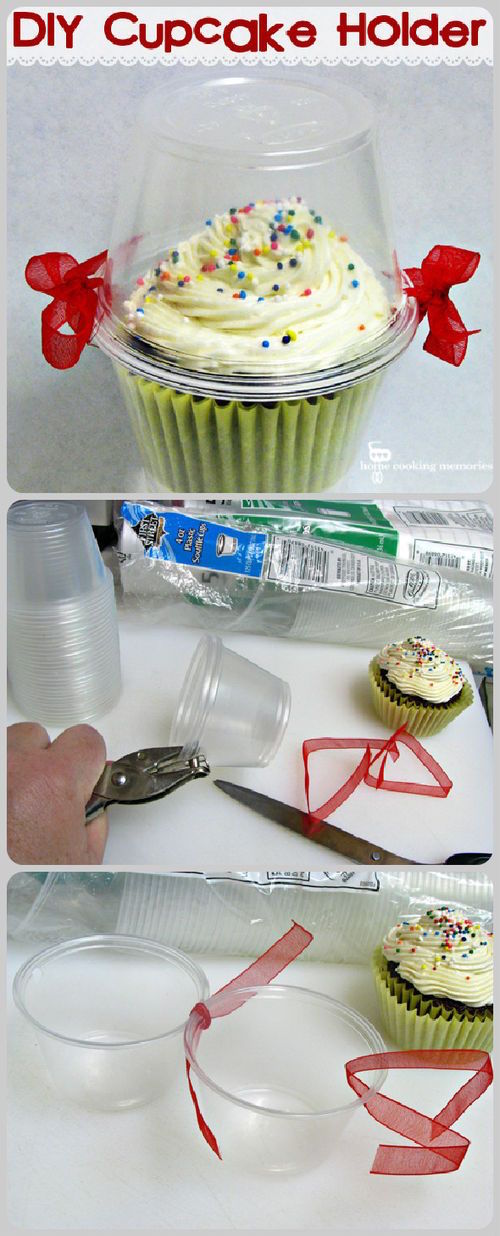Use plastic cups to make covered cupcake holders - so smart!