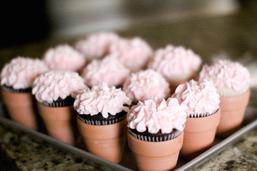 Flower pot cupcakes - so cute! Place little chocolate cupcakes in small terra cotta pots and use frosting to make them look like flowers. 