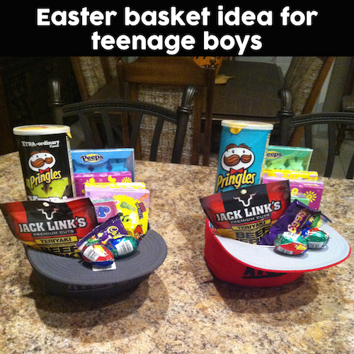 Great idea for older boys who no longer want to carry around Easter baskets! Fill up hats with some of their favorite snacks. Saving this....