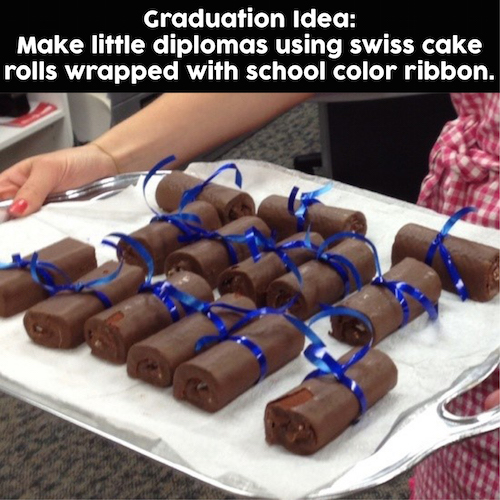 Graduation dessert idea - Make little diplomas using swiss cake rolls wrapped with ribbon that matches the school's colors. So cute and easy (and delicious!). 